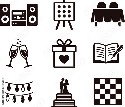 Wedding planning icons set with gift, champagne, and decorations on white background
