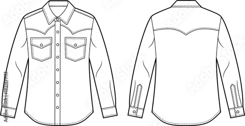Men western shirt cad drawing, front and back view flat vector illustration with double flap pockets detailed apparel template