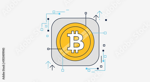 Illustration of Bitcoin symbol surrounded by design elements and geometric shapes on a clean interface