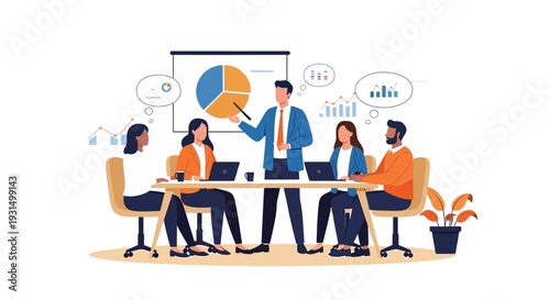 Business professional leading a focused team meeting explaining crucial data displayed on a projection screen detailing market share and growth strategies for company development