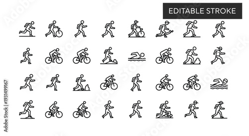Collection of minimalist black and white line icons illustrating various athletic activities including running biking swimming walking and specialized sports movements for interface design concepts