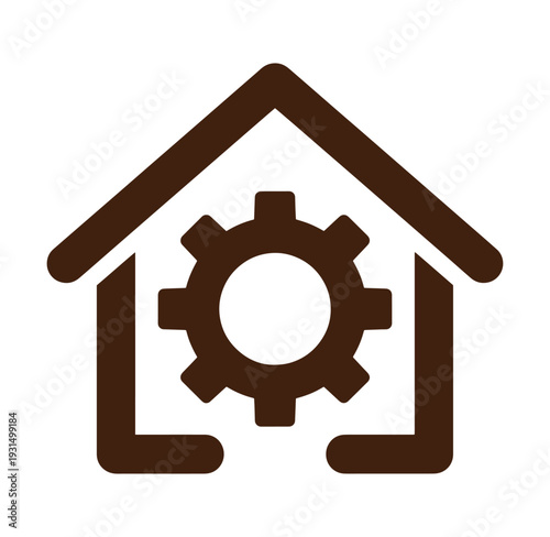 brown house with gear inside symbolizing home maintenance or smart home technology