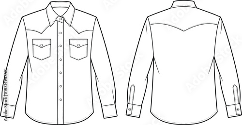 Men western shirt cad drawing, front and back view flat vector illustration with flap pockets detailed apparel template