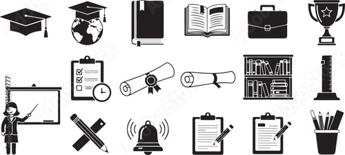Education icons set with graduation cap, books, diploma, and school supplies