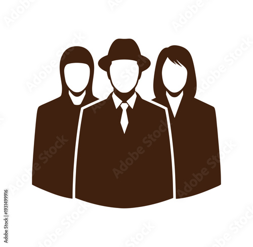 Brown silhouettes of three faceless business people standing together