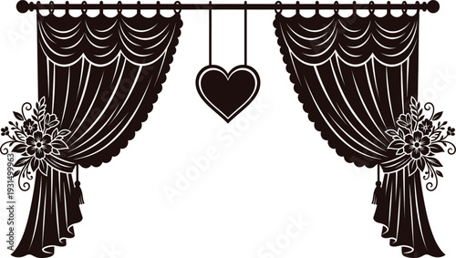 Romantic Valentine's Day heart shaped ornament hanging from elegant dark red curtains with floral decorations on white background