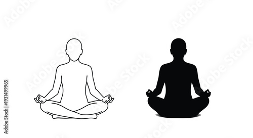 Contrast between a simple outline drawing and a solid silhouette of a person sitting in a traditional yoga meditation pose against a bright white background illustrating duality