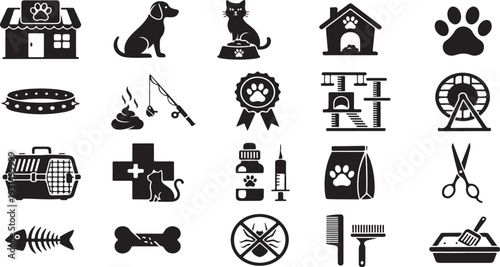 Pet care icons set including dog, cat, grooming tools and accessories