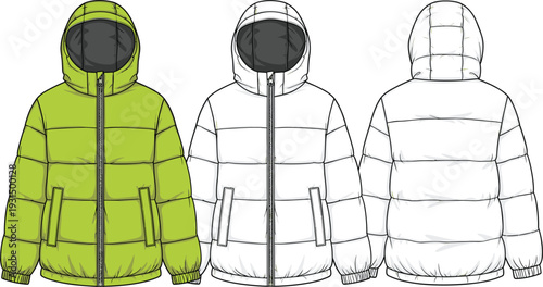 Technical flat sketch of a hooded puffer jacket vector with front and back views for fashion design, apparel mockups, and tech packs.
