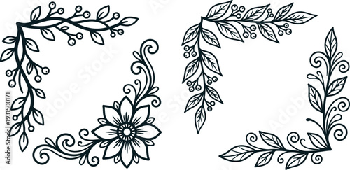 Floral border designs with leaves and flowers on white background for graphic design