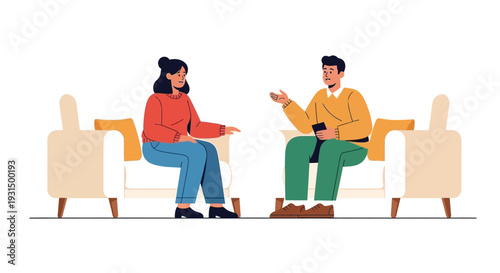 Two individuals seated in comfortable armchairs engaged in a serious conversation or professional counseling session discussing important matters of life or work matters.