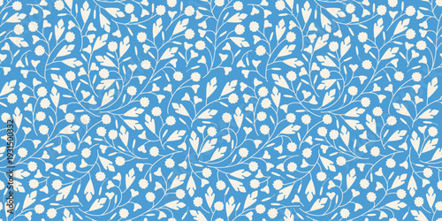 Seamless blue and white floral pattern with tiny petal shapes in a dense repeating layout. Delicate botanical background for fabric, wallpaper, wrapping paper, stationery and surface prints.
