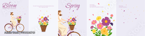 A set of 5 cohesive flat design illustrations designed as an Instagram carousel template with a spring theme. Features a girl riding a vintage bicycle with a flower basket, colorful blooms in a wicker
