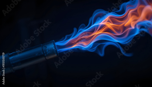 Blue and orange flames erupting from a torch nozzle against a dark background, showcasing the dynamic movement and intensity of fire in a controlled setting