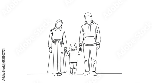 Minimal Line Art Family Standing Together – Parents and Child Outline Illustration, Modern Simple Vector Isolated on Light Background