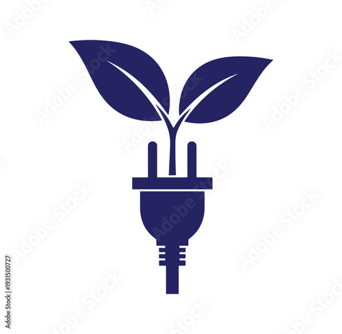Electric plug with green leaves growing out of it symbolizing eco friendly energy