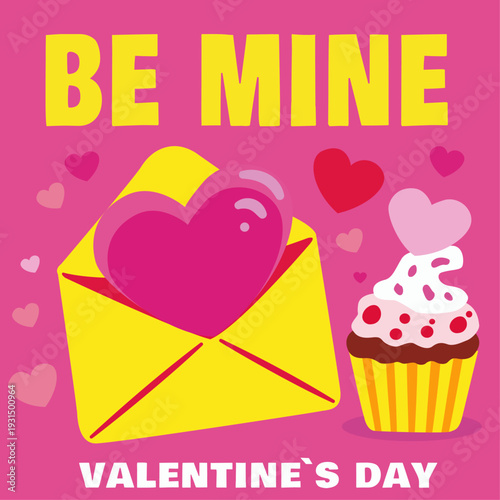 A bold and vibrant set of 7 Valentine's Day flat design illustrations featuring playful typography and iconic love symbols. The collection includes hearts, cupid's bow and arrow, love letters, cupcake