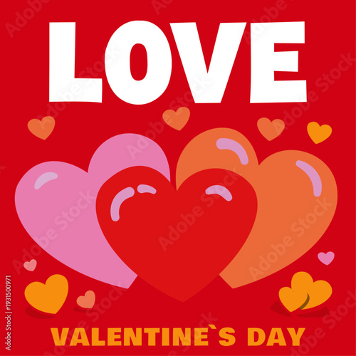 A bold and vibrant set of 7 Valentine's Day flat design illustrations featuring playful typography and iconic love symbols. The collection includes hearts, cupid's bow and arrow, love letters, cupcake