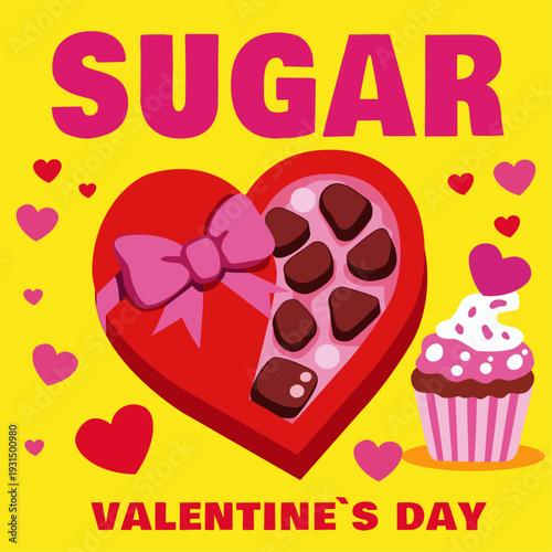 A bold and vibrant set of 7 Valentine's Day flat design illustrations featuring playful typography and iconic love symbols. The collection includes hearts, cupid's bow and arrow, love letters, cupcake