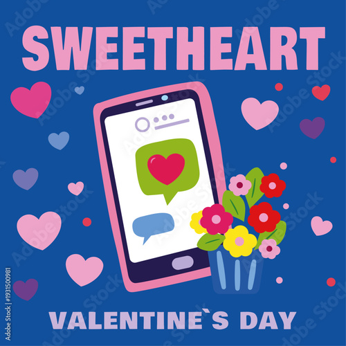 A bold and vibrant set of 7 Valentine's Day flat design illustrations featuring playful typography and iconic love symbols. The collection includes hearts, cupid's bow and arrow, love letters, cupcake