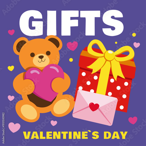 A bold and vibrant set of 7 Valentine's Day flat design illustrations featuring playful typography and iconic love symbols. The collection includes hearts, cupid's bow and arrow, love letters, cupcake