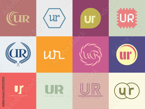 UR logo company template. Letter u and r logotype. Set different classic serif lettering and modern bold text with design elements. Initial font typography.