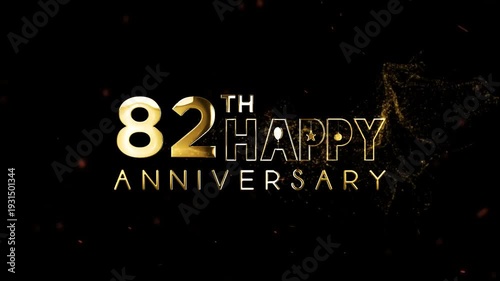 Golden text 82th happy anniversary on dark background with sparks and glitter effect