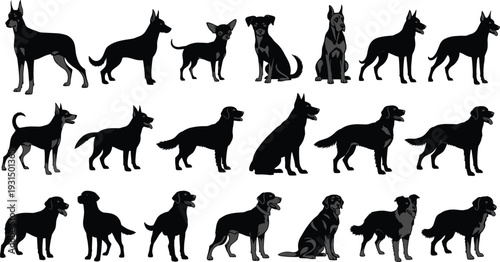 Dog Silhouette Collection with Various Breeds in Standing and Sitting Poses for Pet Care, Animal Shelter, Veterinary, and Canine Design Projects