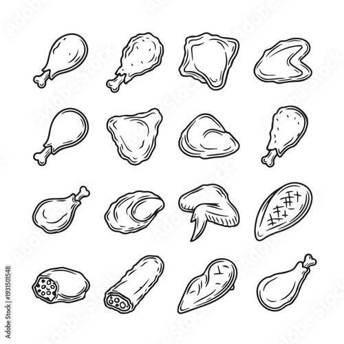 Assorted Raw Meat Cuts and Poultry Parts Vector Icons Set
