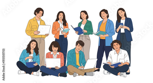 Diverse group of young professionals collaborating with modern technology and traditional books for a dynamic learning or work session illustration