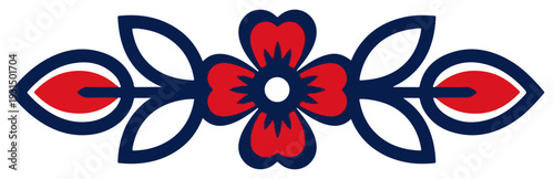 Symmetrical decorative folk flower ornament with blue and red outlines in lowicz style