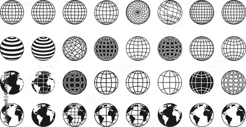 Globe and World Map Icon Set with Grid, Wireframe, Earth Hemisphere, and Global Network Symbols for Geography, Technology, and International Business Design