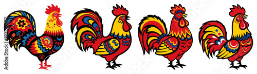 Set of four colorful stylized roosters with traditional polish folk patterns and ornaments