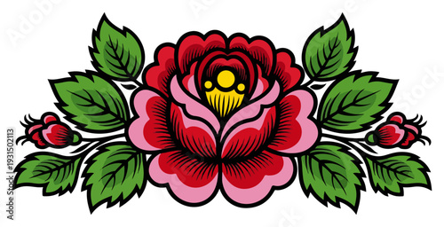 Large central decorative red rose with green leaves and buds in polish folk art style