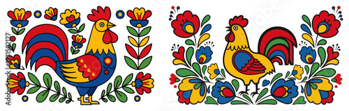 Horizontal polish folk art borders featuring roosters and colorful floral embroidery patterns