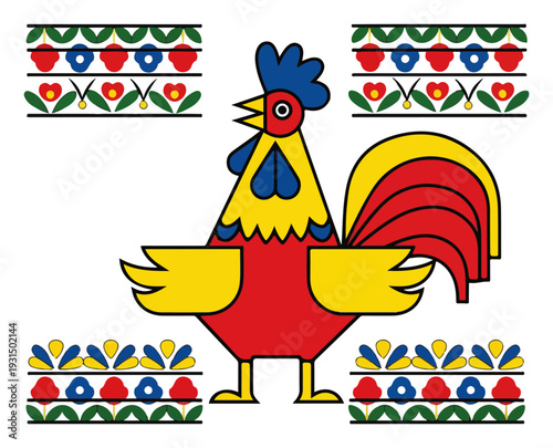 Stylized folk rooster surrounded by traditional polish geometric floral borders and ornaments