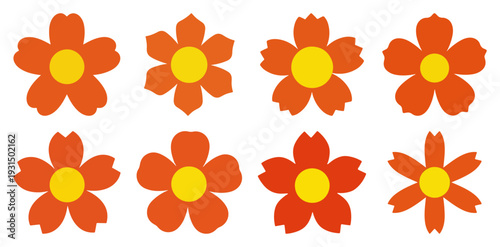 Collection of eight orange and yellow flat flower icons in simple vector style