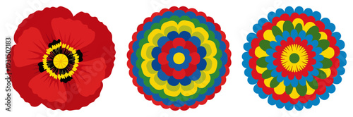 Traditional polish folk flowers including red poppy and colorful layered circular ornaments