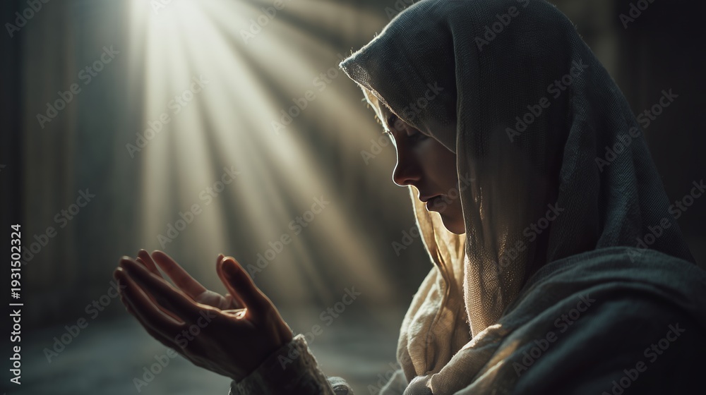 Obraz premium Angel Gabriel delivers God's message to Mary under divine light in a sacred setting during a moment of revelation