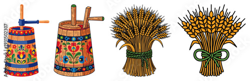 Polish agricultural folk elements featuring butter churns and wheat sheaves with traditional ornaments