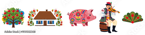 Collection of Polish village folk symbols including cottage pig musician and traditional apple tree