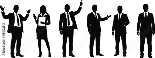 Silhouette of diverse business professionals in formal suits standing in a row including a businesswoman holding a tablet and documents
