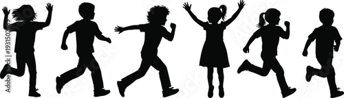 Silhouette of happy children running and jumping together in a row against white background representing childhood fun and active play