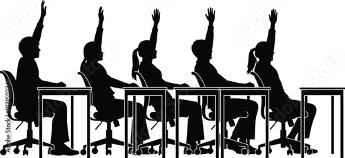 Silhouette of diverse students sitting at desks in classroom raising hands to ask questions during a lesson in educational setting