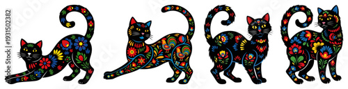 Set of four black cats in various poses decorated with colorful Polish folk floral patterns