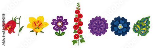 Collection of various spring flowers and plants in traditional Polish folk art style