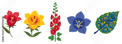 Collection of five colorful flowers and decorative leaves in polish folk art style