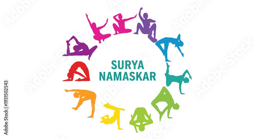 Colorful graphic design showcasing the twelve distinct poses involved in the traditional Hindu practice known as Surya Namaskar or sun salutation sequence.