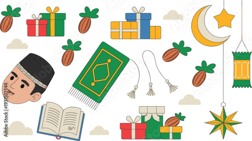 Flat cartoon Ramadan illustration with Muslim boy, Quran, prayer mat, dates, crescent moon, gifts and lantern festive vector set