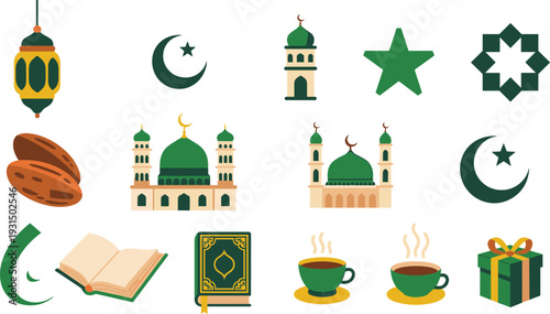 Flat design Islamic Ramadan icon set with mosque, crescent moon, lantern, Quran, dates, coffee and gift vector illustration